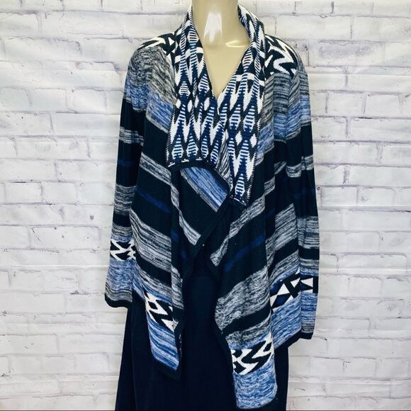 Skies Are Blue  Blue And White Open Front Draped Cardigan - Picture 1 of 6